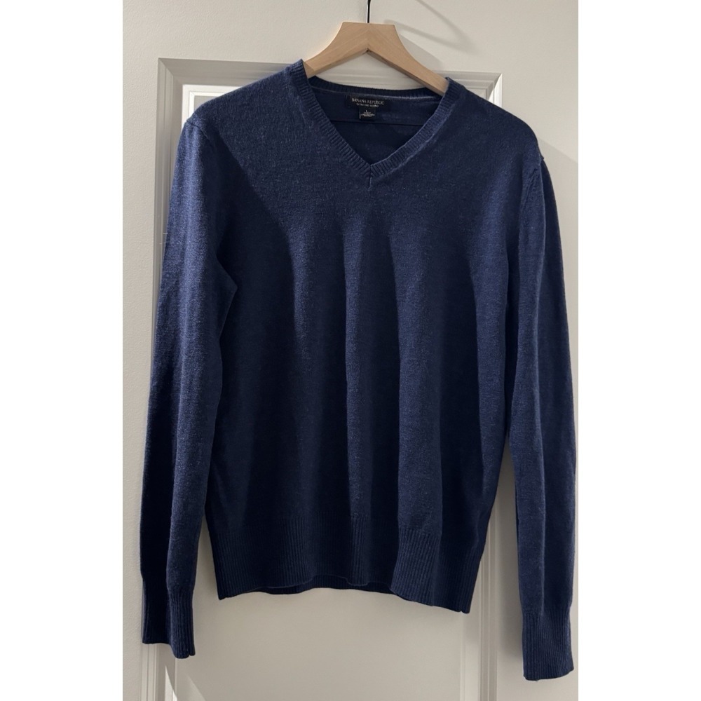 Banana Republic Extra Fine Merino Wool V Neck Sweater Mens Large Blue